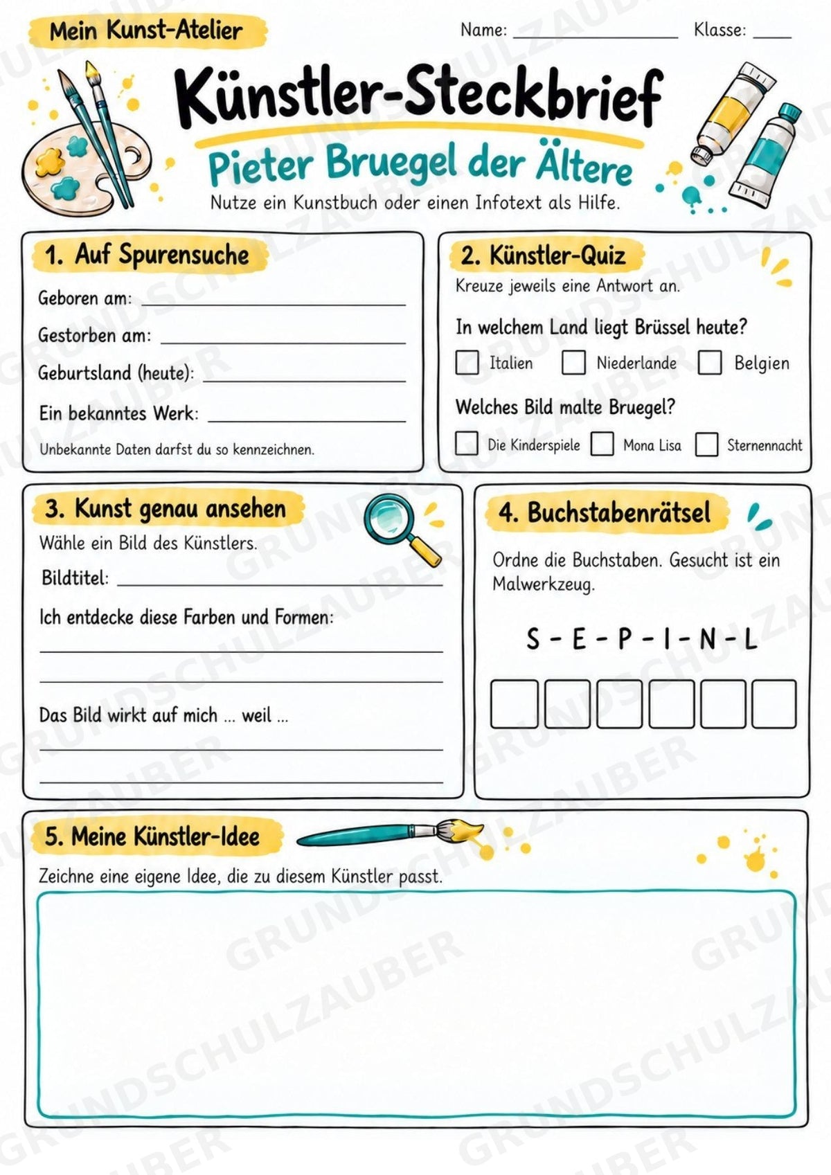 Pieter Bruegel der A ltere – Künstler-Steckbrief & Infotext | Kunstunterricht Grundschule Klasse 4–5 | Arbeitsblätter mit Lösungen – Materialseite 3