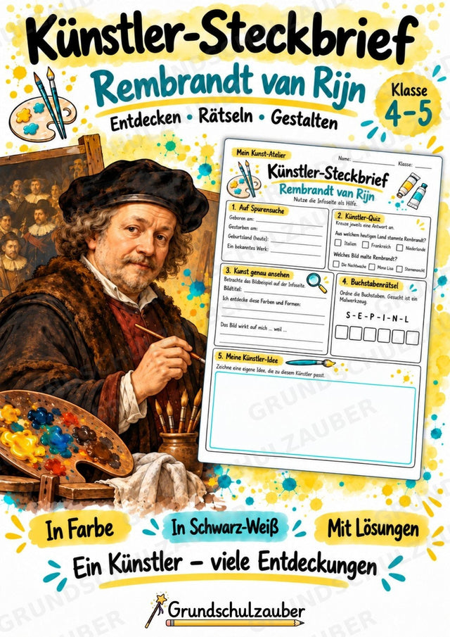 Rembrandt van Rijn – Künstler-Steckbrief & Infotext | Kunstunterricht Grundschule Klasse 4–5 | Arbeitsblätter mit Lösungen – Cover