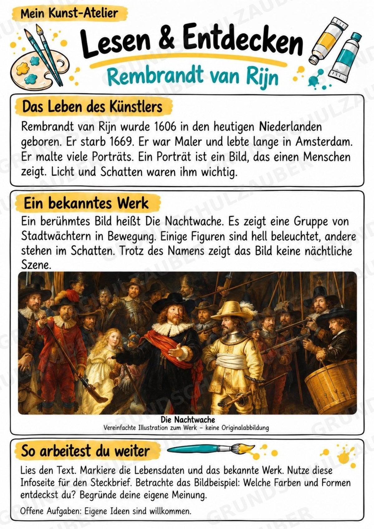 Rembrandt van Rijn – Künstler-Steckbrief & Infotext | Kunstunterricht Grundschule Klasse 4–5 | Arbeitsblätter mit Lösungen – Materialseite 2