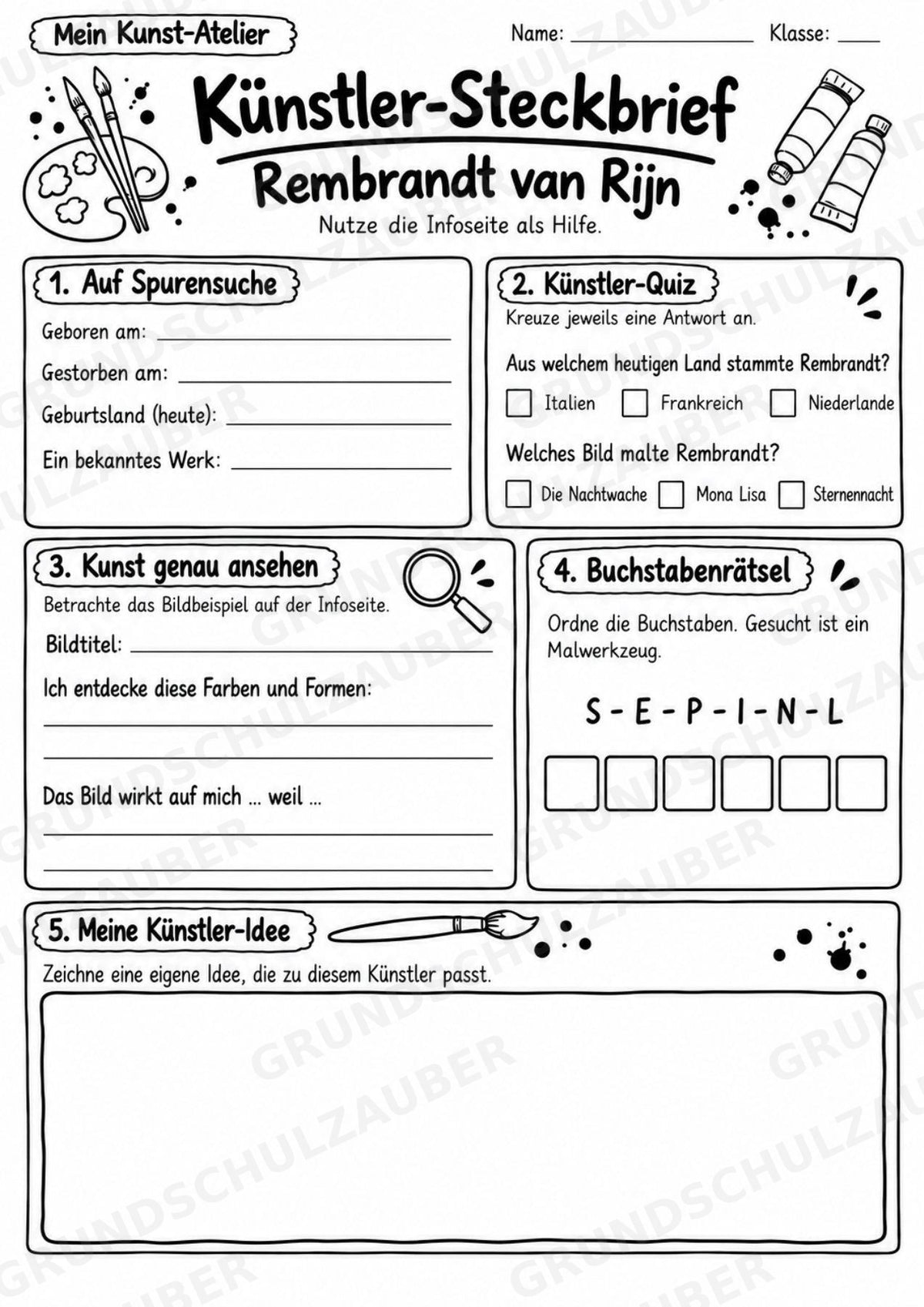 Rembrandt van Rijn – Künstler-Steckbrief & Infotext | Kunstunterricht Grundschule Klasse 4–5 | Arbeitsblätter mit Lösungen – Materialseite 4