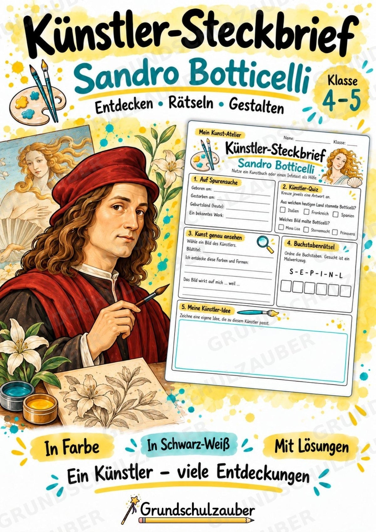 Sandro Botticelli – Künstler-Steckbrief & Infotext | Kunstunterricht Grundschule Klasse 4–5 | Arbeitsblätter mit Lösungen – Cover