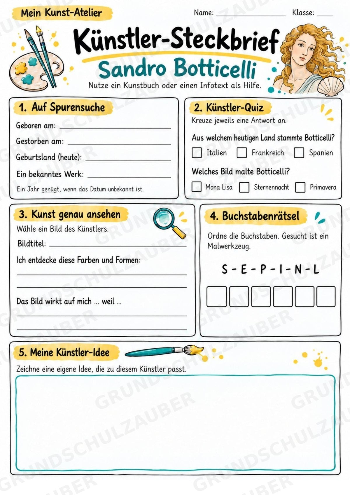 Sandro Botticelli – Künstler-Steckbrief & Infotext | Kunstunterricht Grundschule Klasse 4–5 | Arbeitsblätter mit Lösungen – Materialseite 3