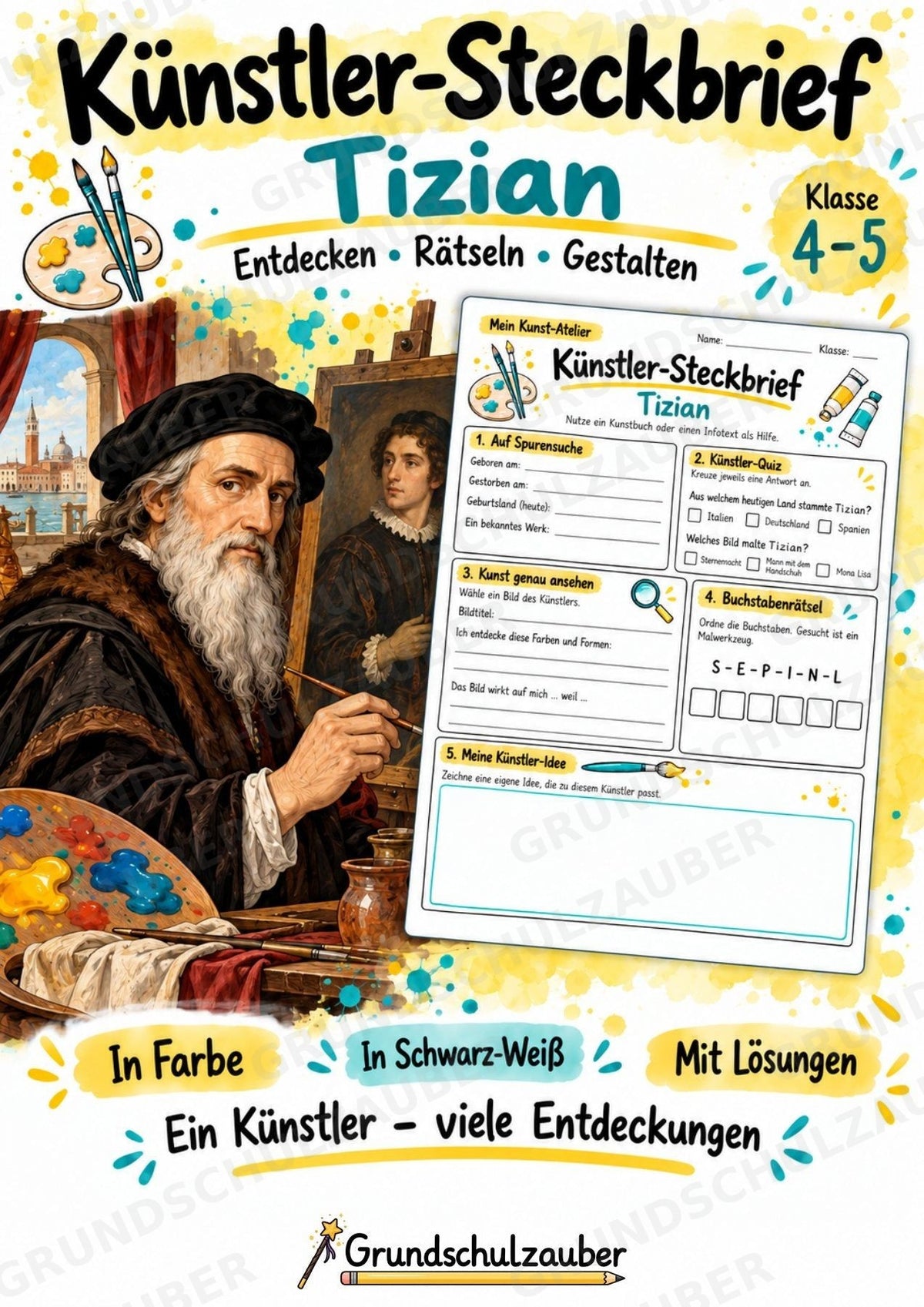 Tizian – Künstler-Steckbrief & Infotext | Kunstunterricht Grundschule Klasse 4–5 | Arbeitsblätter mit Lösungen – Cover