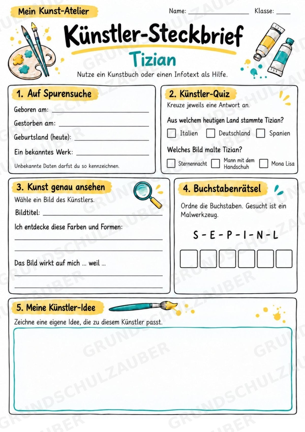 Tizian – Künstler-Steckbrief & Infotext | Kunstunterricht Grundschule Klasse 4–5 | Arbeitsblätter mit Lösungen – Materialseite 3
