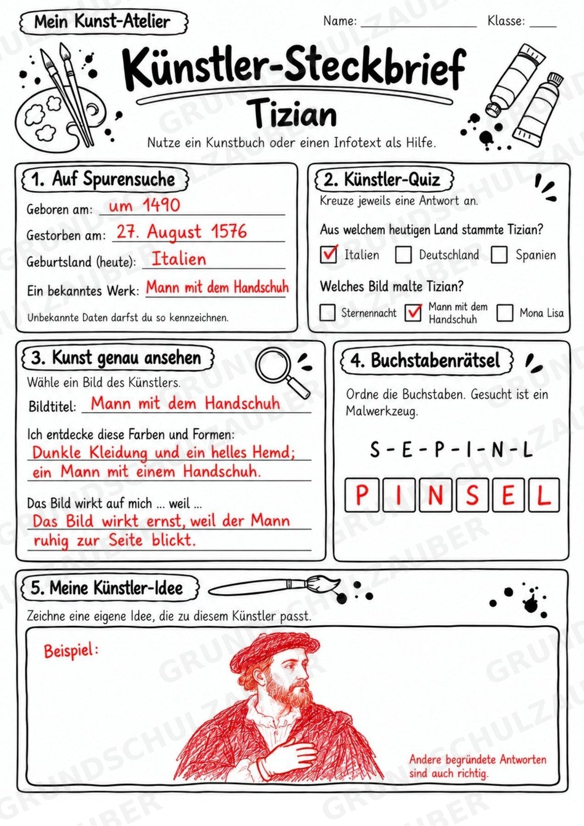 Tizian – Künstler-Steckbrief & Infotext | Kunstunterricht Grundschule Klasse 4–5 | Arbeitsblätter mit Lösungen – Materialseite 5