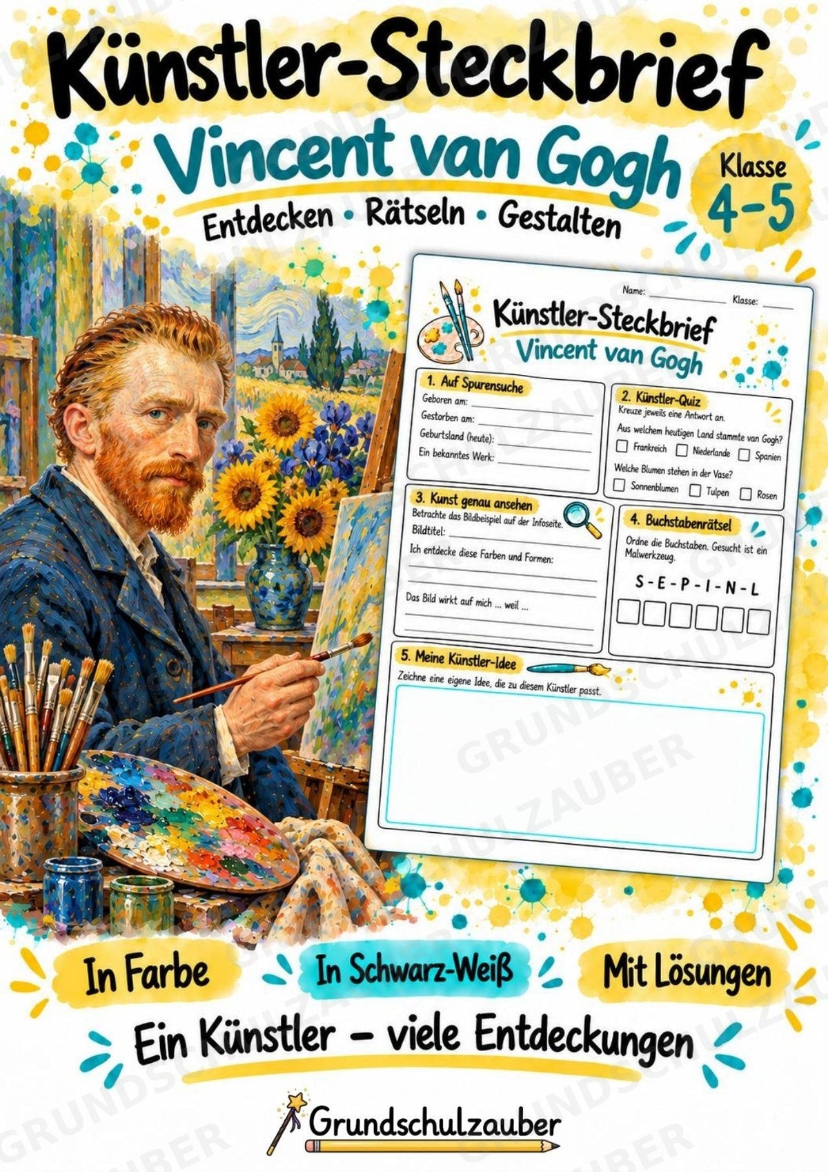 Vincent van Gogh – Künstler-Steckbrief & Infotext | Kunstunterricht Grundschule Klasse 4–5 | Arbeitsblätter mit Lösungen – Cover