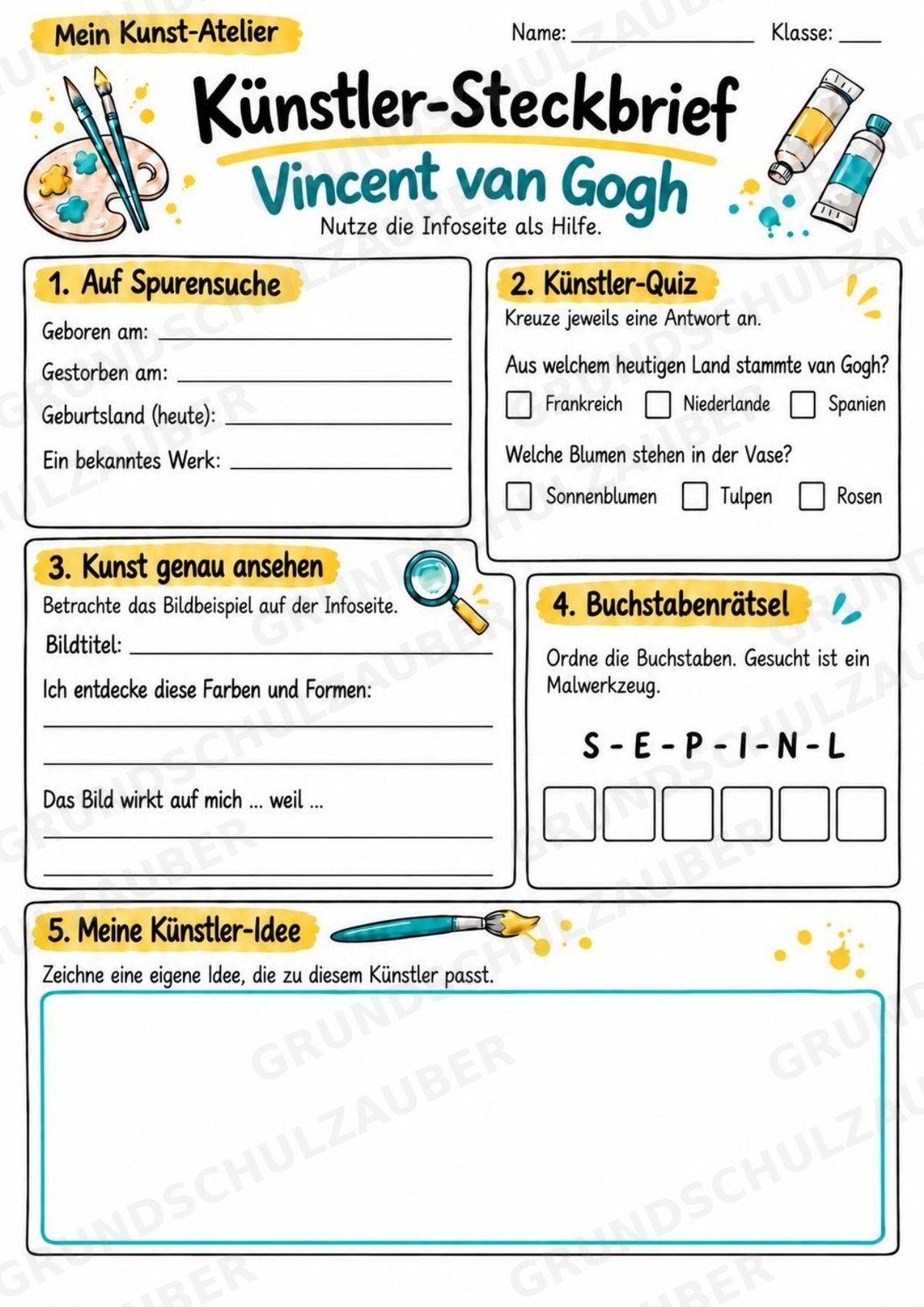 Vincent van Gogh – Künstler-Steckbrief & Infotext | Kunstunterricht Grundschule Klasse 4–5 | Arbeitsblätter mit Lösungen – Materialseite 3