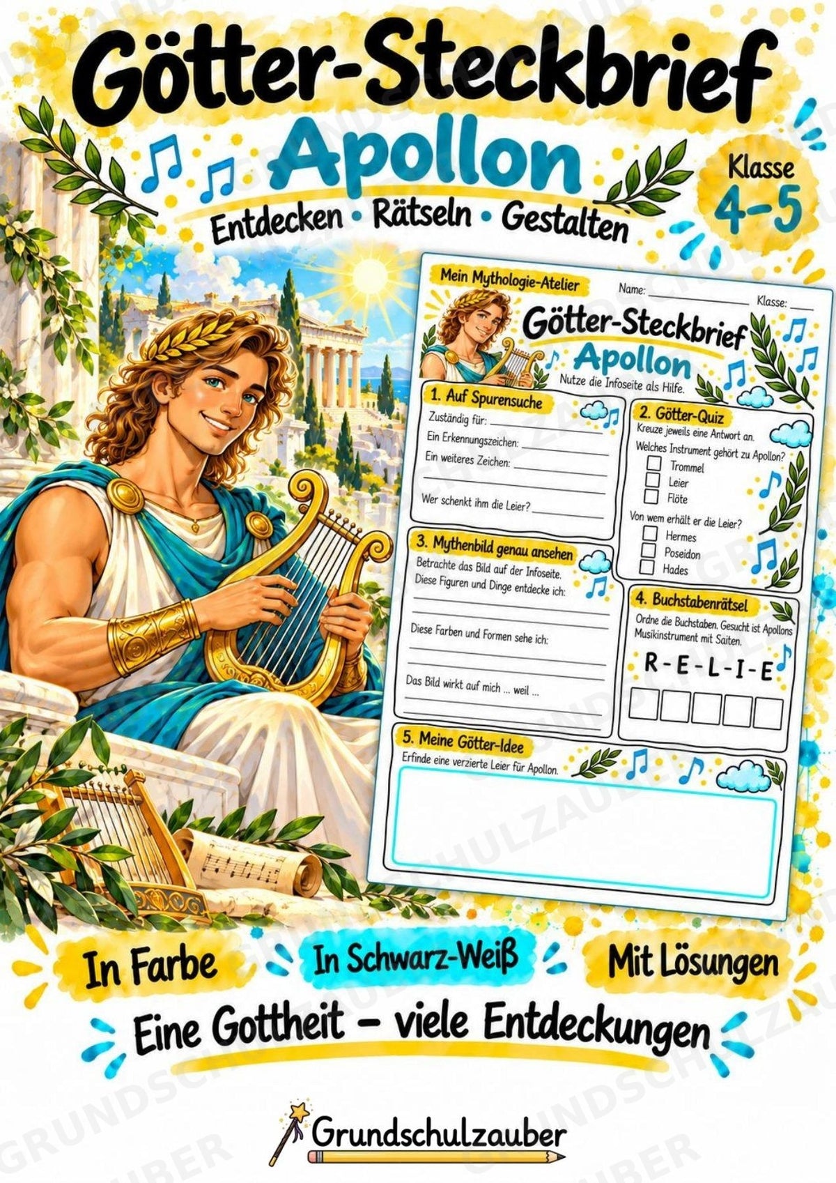 Apollon – Griechische Götter: Steckbrief & Infotext | Arbeitsblätter mit Lösungen | Klasse 4–5 – Cover