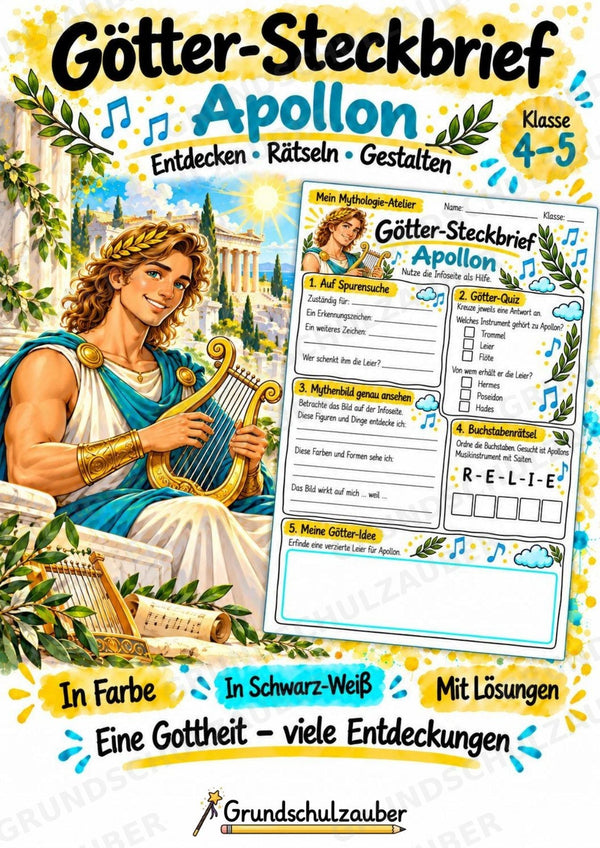 Apollon – Griechische Götter: Steckbrief & Infotext | Arbeitsblätter mit Lösungen | Klasse 4–5