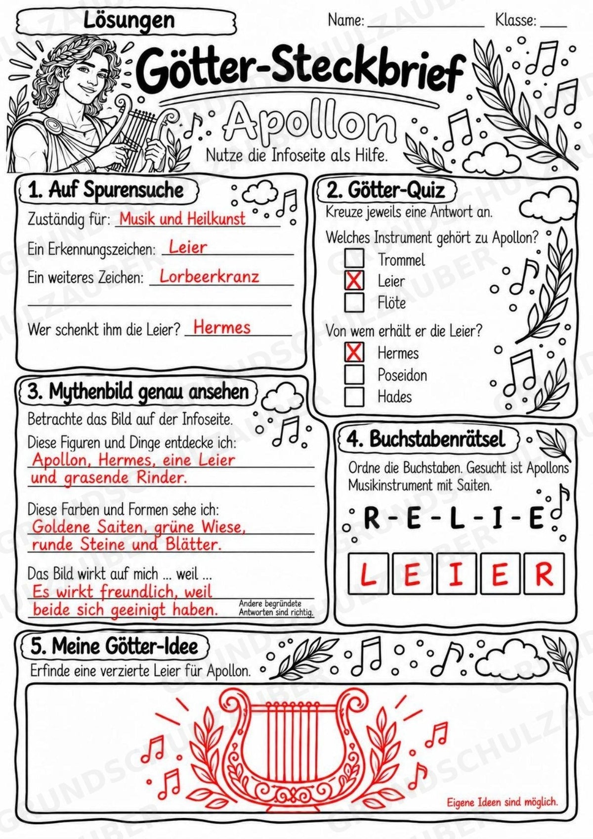 Apollon – Griechische Götter: Steckbrief & Infotext | Arbeitsblätter mit Lösungen | Klasse 4–5 – Materialseite 5