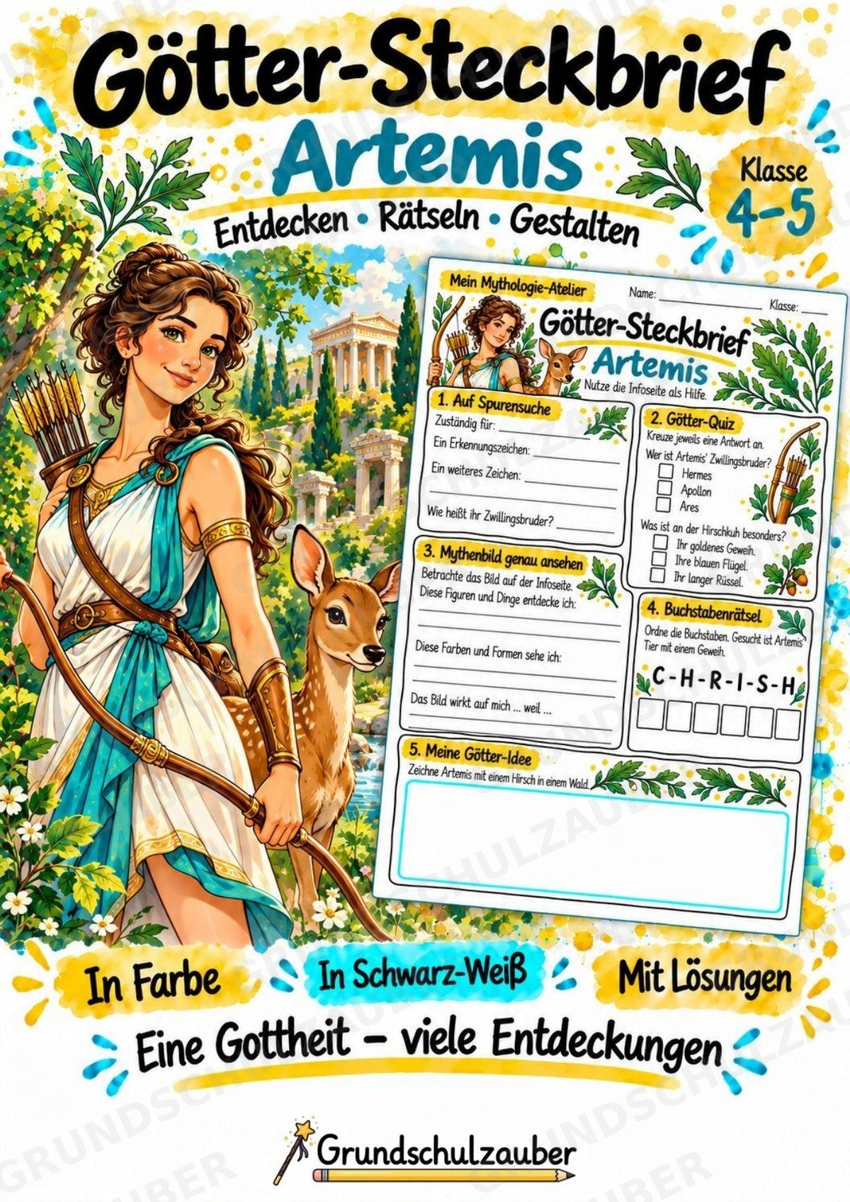 Artemis – Griechische Götter: Steckbrief & Infotext | Arbeitsblätter mit Lösungen | Klasse 4–5 – Cover