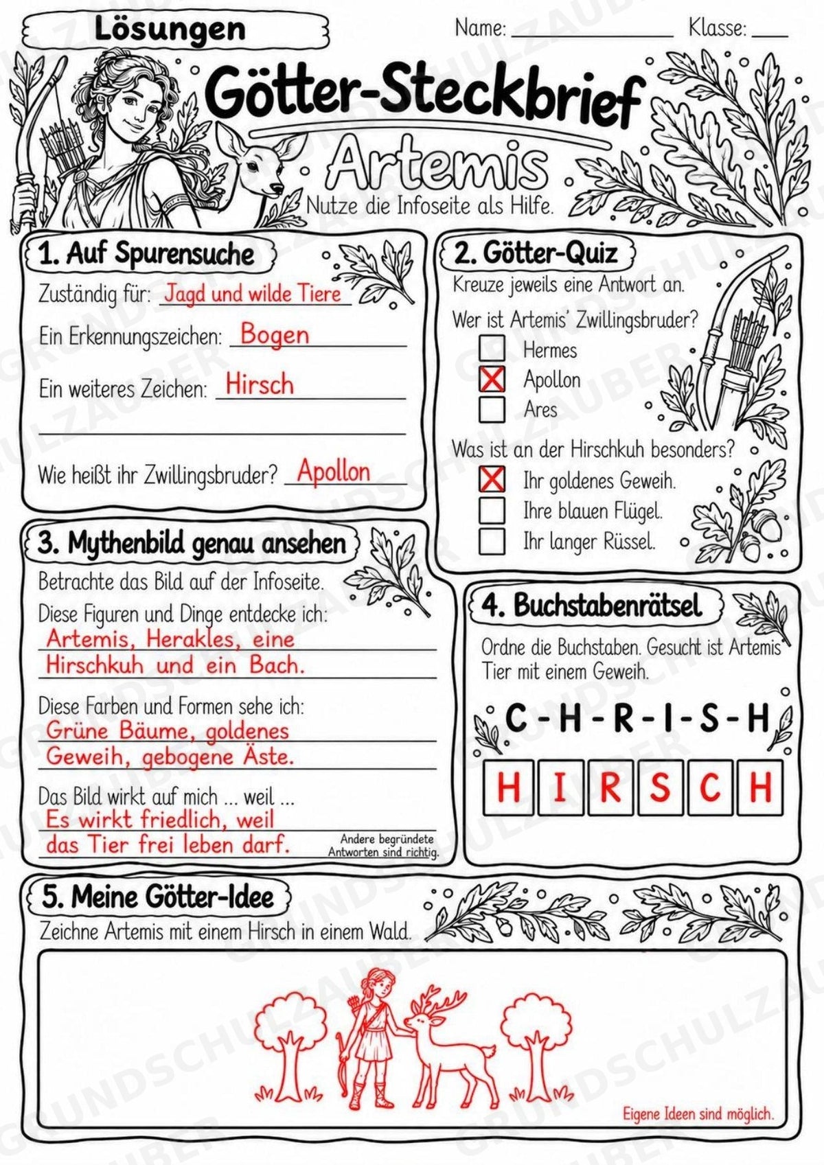 Artemis – Griechische Götter: Steckbrief & Infotext | Arbeitsblätter mit Lösungen | Klasse 4–5 – Materialseite 5