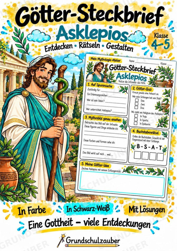 Asklepios – Griechische Götter: Steckbrief & Infotext | Arbeitsblätter mit Lösungen | Klasse 4–5