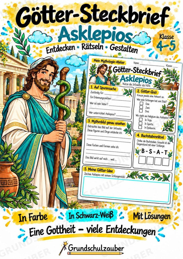 Asklepios – Griechische Götter: Steckbrief & Infotext | Arbeitsblätter mit Lösungen | Klasse 4–5 – Cover