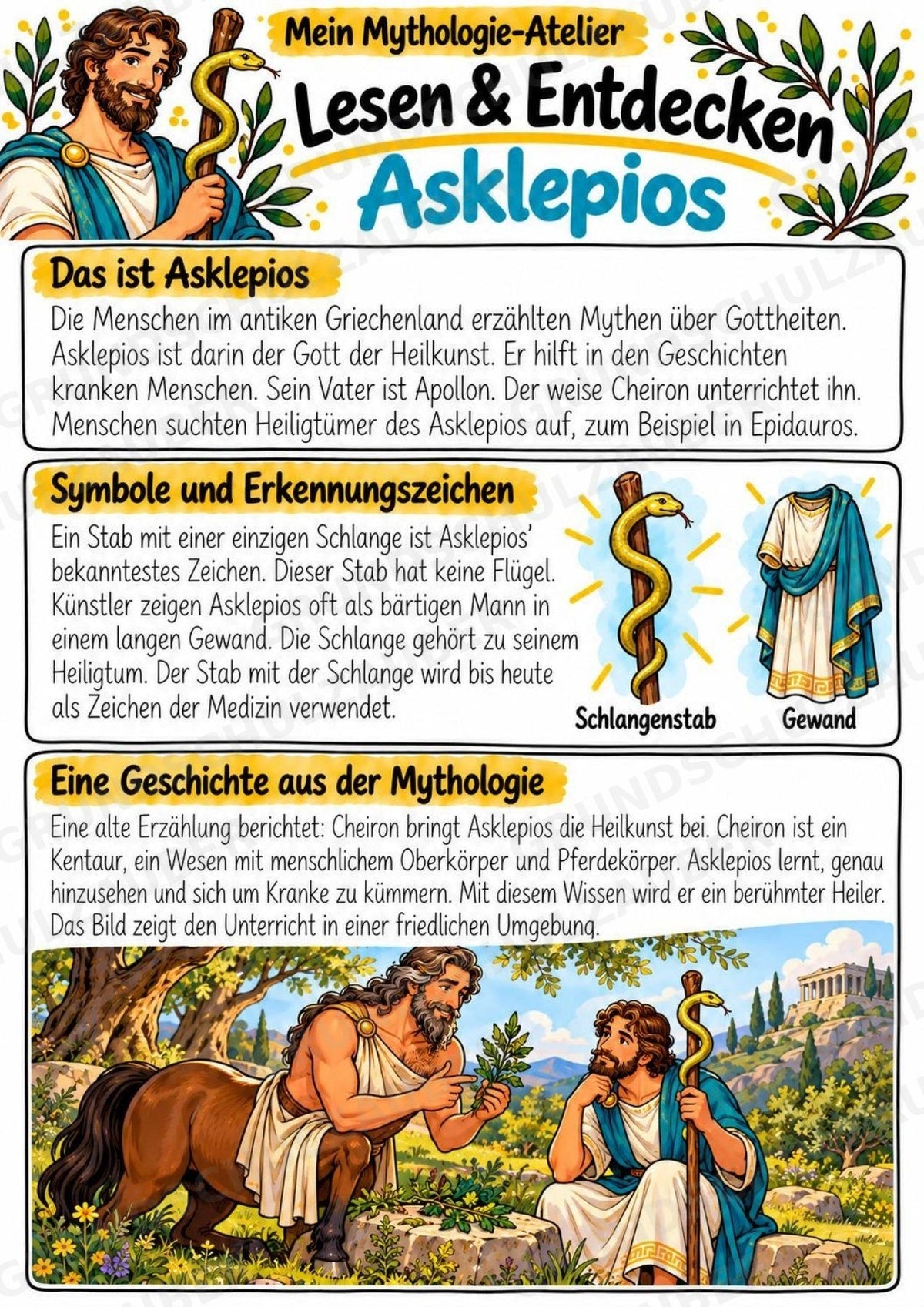 Asklepios – Griechische Götter: Steckbrief & Infotext | Arbeitsblätter mit Lösungen | Klasse 4–5 – Materialseite 2