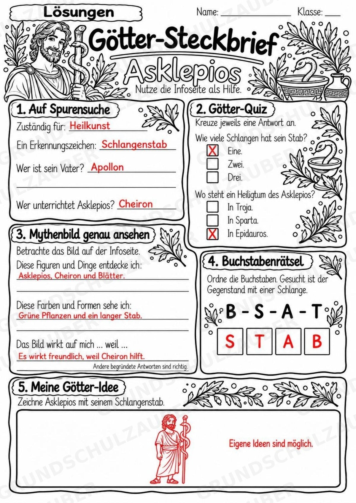 Asklepios – Griechische Götter: Steckbrief & Infotext | Arbeitsblätter mit Lösungen | Klasse 4–5 – Materialseite 5