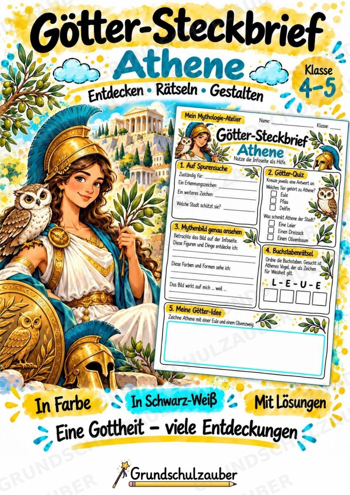 Athene – Griechische Götter: Steckbrief & Infotext | Arbeitsblätter mit Lösungen | Klasse 4–5 – Cover