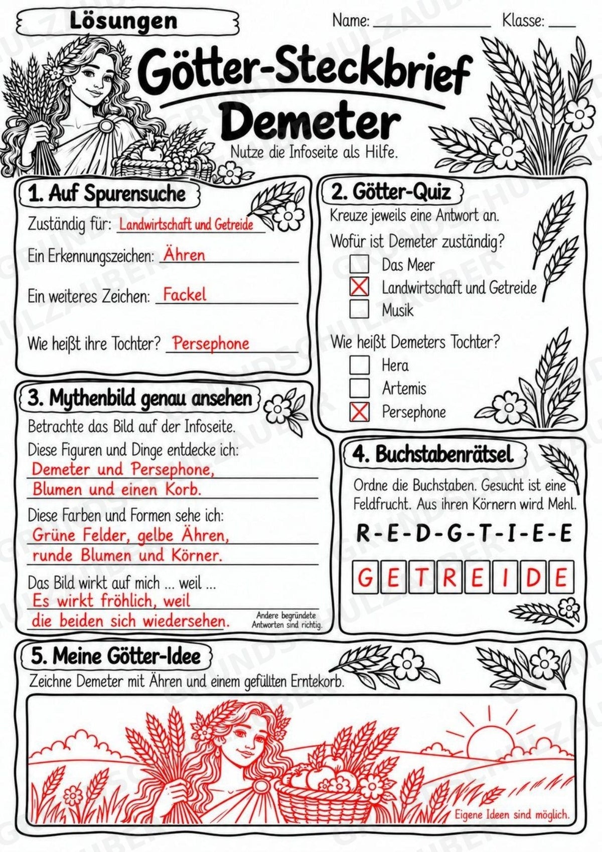 Demeter – Griechische Götter: Steckbrief & Infotext | Arbeitsblätter mit Lösungen | Klasse 4–5 – Materialseite 5
