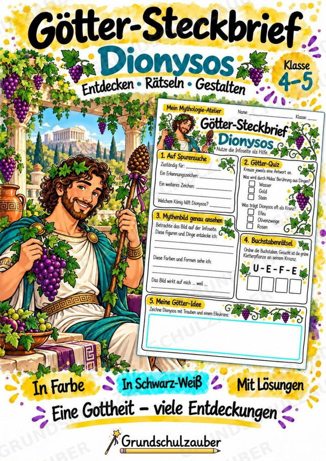 Dionysos – Griechische Götter: Steckbrief & Infotext | Arbeitsblätter mit Lösungen | Klasse 4–5 – Cover