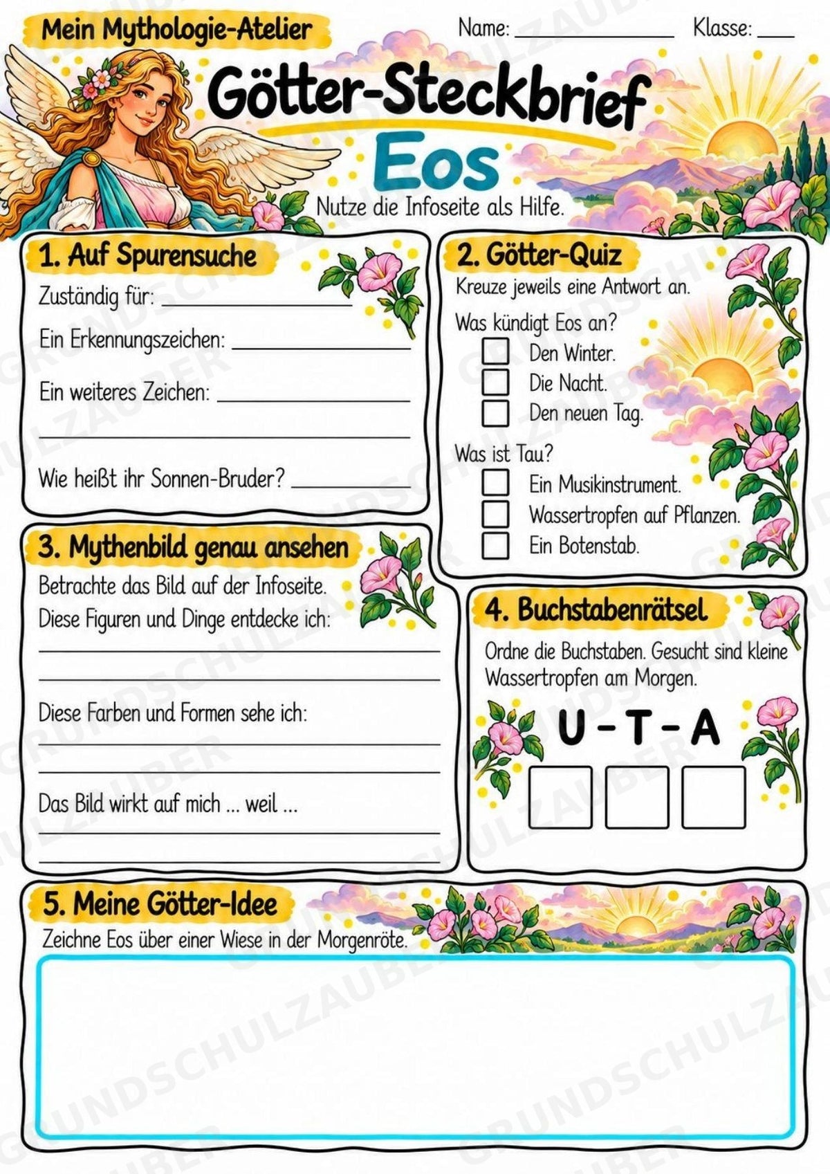 Eos – Griechische Götter: Steckbrief & Infotext | Arbeitsblätter mit Lösungen | Klasse 4–5 – Materialseite 3