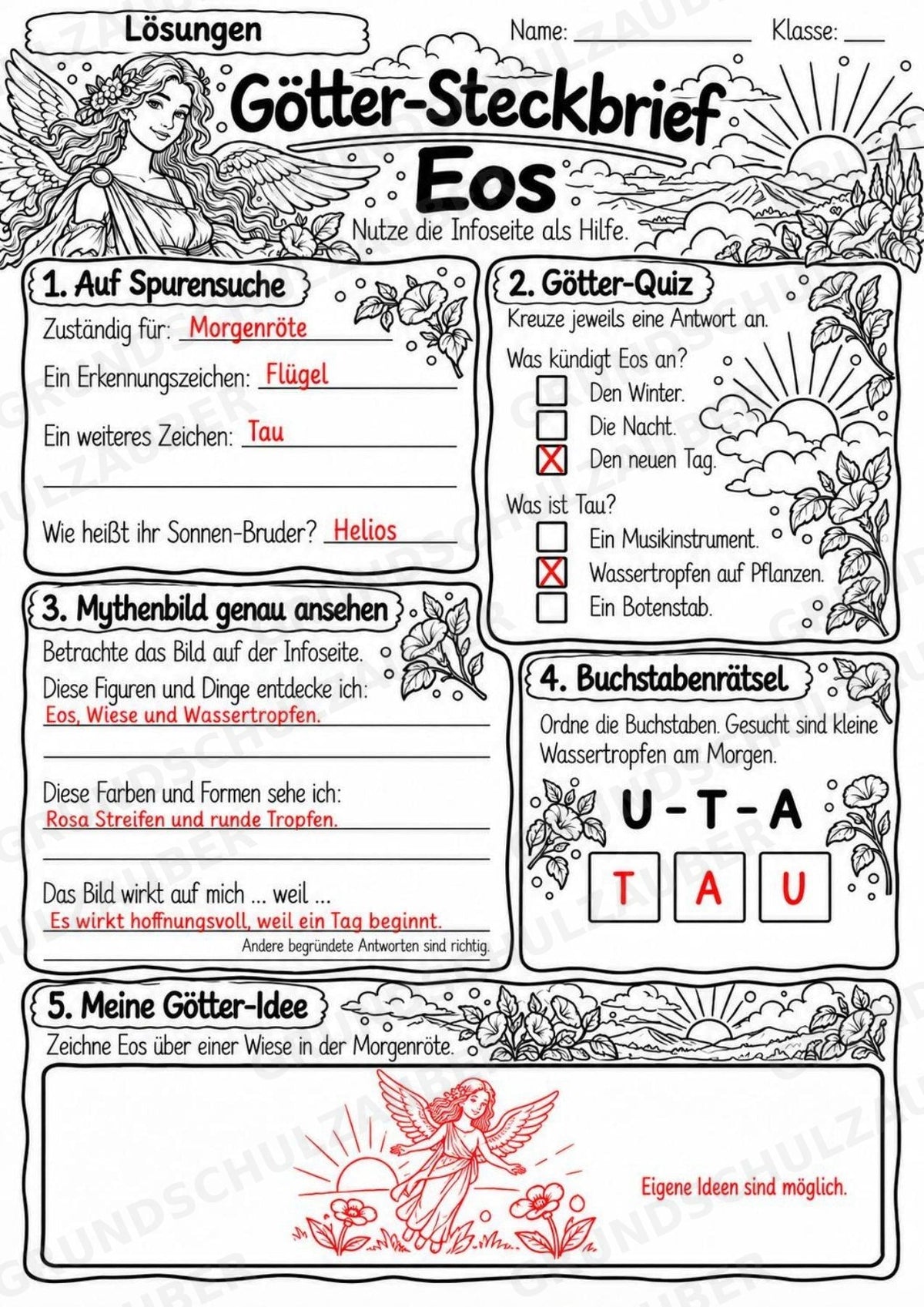 Eos – Griechische Götter: Steckbrief & Infotext | Arbeitsblätter mit Lösungen | Klasse 4–5 – Materialseite 5
