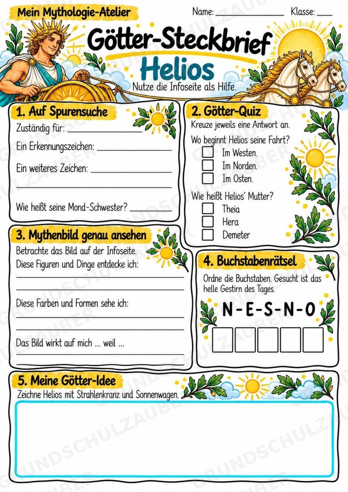Helios – Griechische Götter: Steckbrief & Infotext | Arbeitsblätter mit Lösungen | Klasse 4–5 – Materialseite 3
