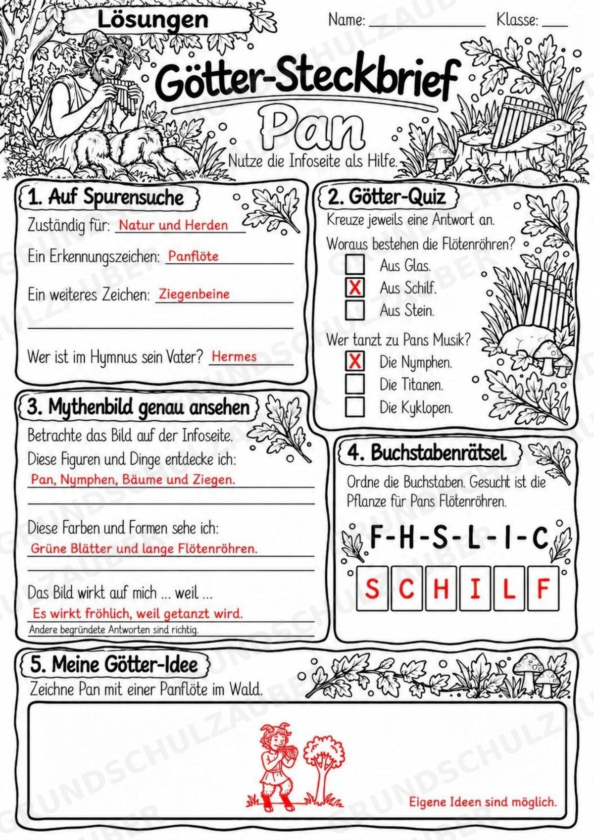 Pan – Griechische Götter: Steckbrief & Infotext | Arbeitsblätter mit Lösungen | Klasse 4–5 – Materialseite 5