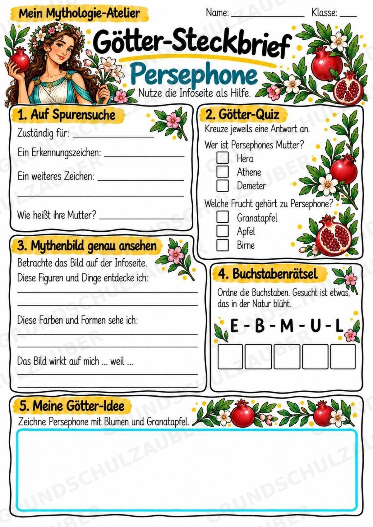 Persephone – Griechische Götter: Steckbrief & Infotext | Arbeitsblätter mit Lösungen | Klasse 4–5 – Materialseite 3