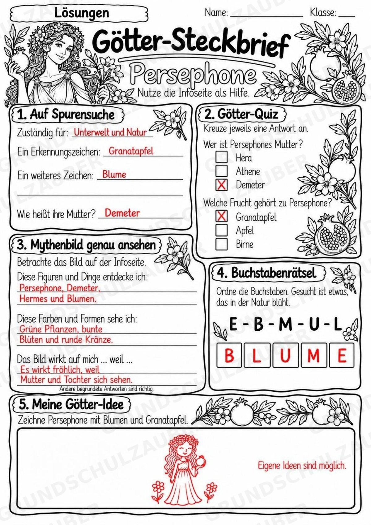 Persephone – Griechische Götter: Steckbrief & Infotext | Arbeitsblätter mit Lösungen | Klasse 4–5 – Materialseite 5