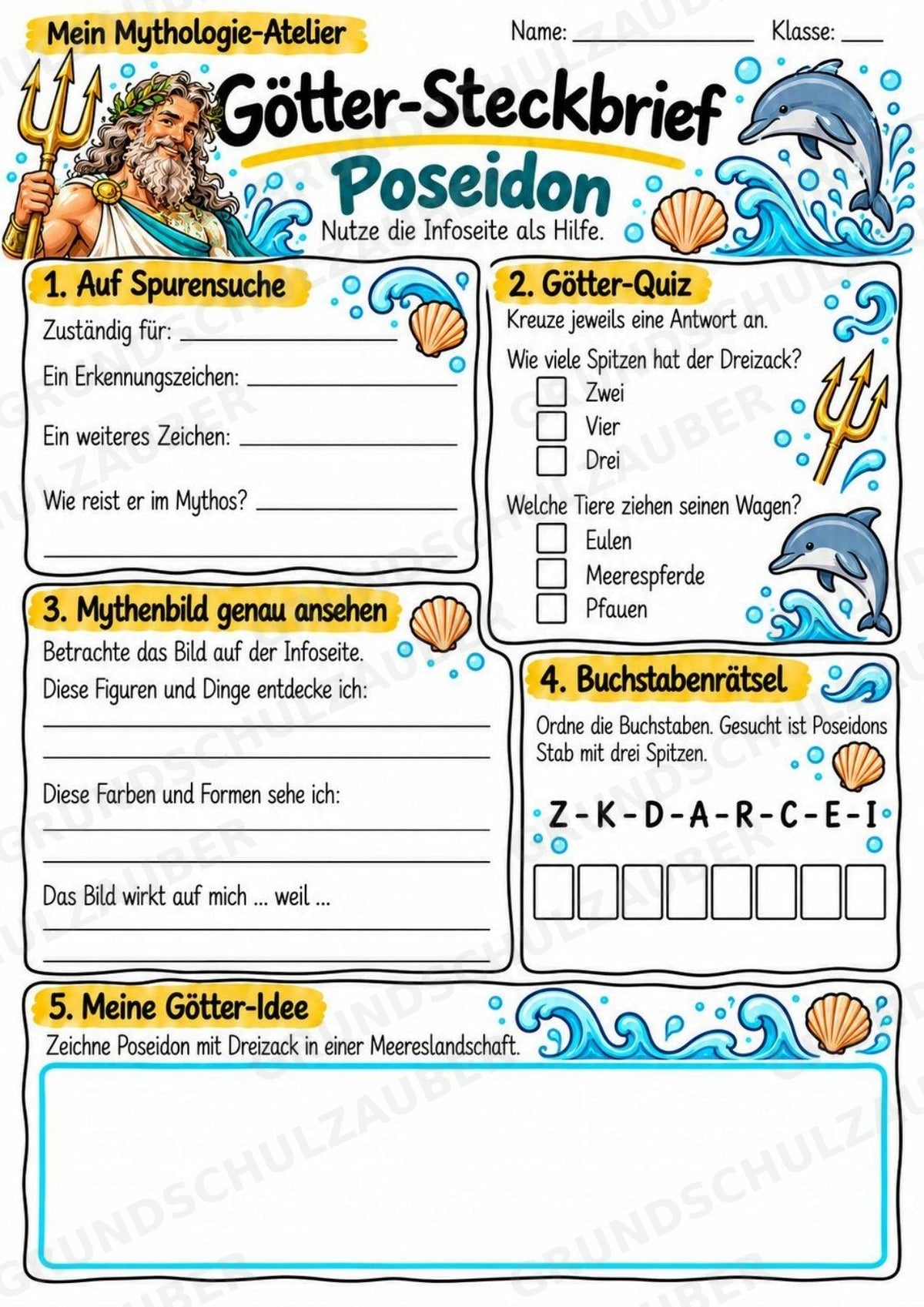 Poseidon – Griechische Götter: Steckbrief & Infotext | Arbeitsblätter mit Lösungen | Klasse 4–5 – Materialseite 3