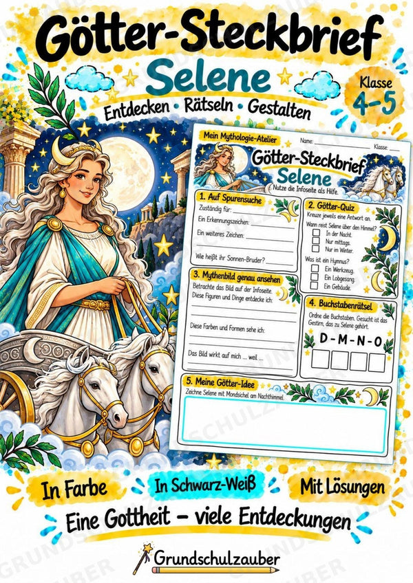 Selene – Griechische Götter: Steckbrief & Infotext | Arbeitsblätter mit Lösungen | Klasse 4–5