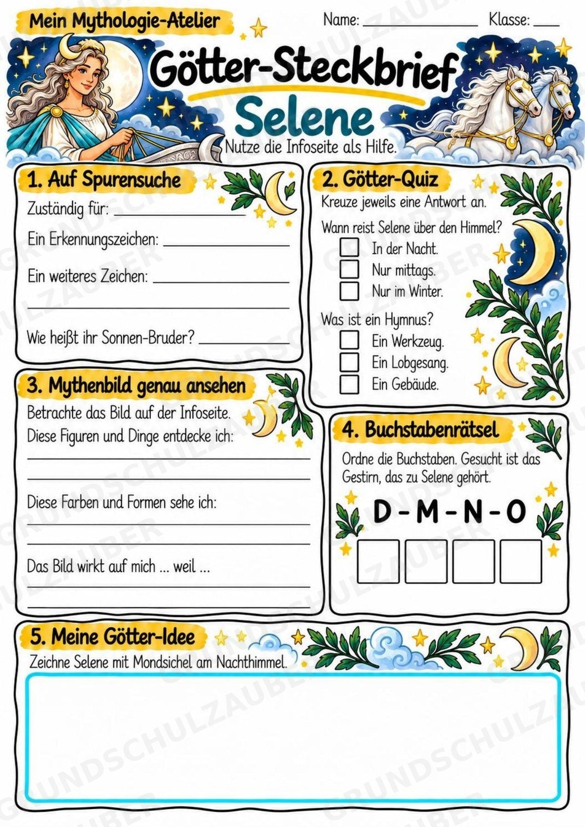 Selene – Griechische Götter: Steckbrief & Infotext | Arbeitsblätter mit Lösungen | Klasse 4–5 – Materialseite 3