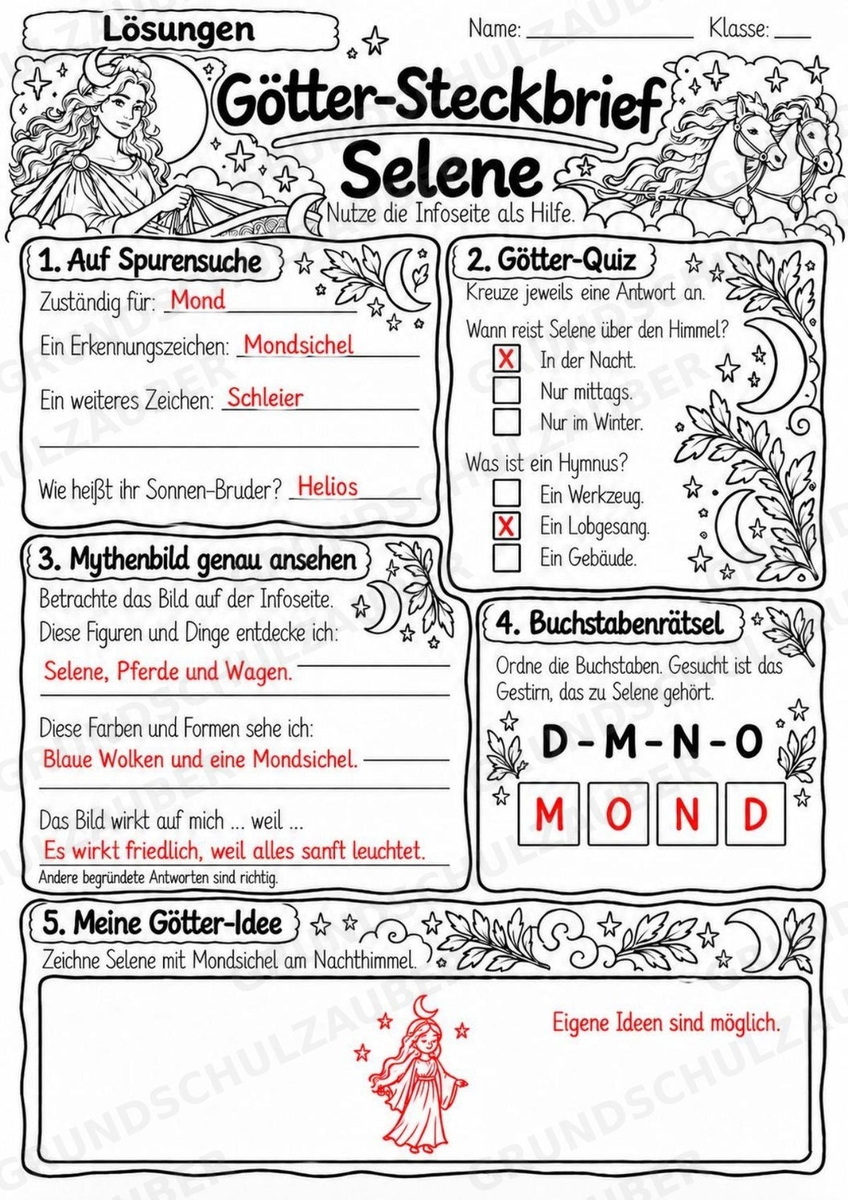 Selene – Griechische Götter: Steckbrief & Infotext | Arbeitsblätter mit Lösungen | Klasse 4–5 – Materialseite 5