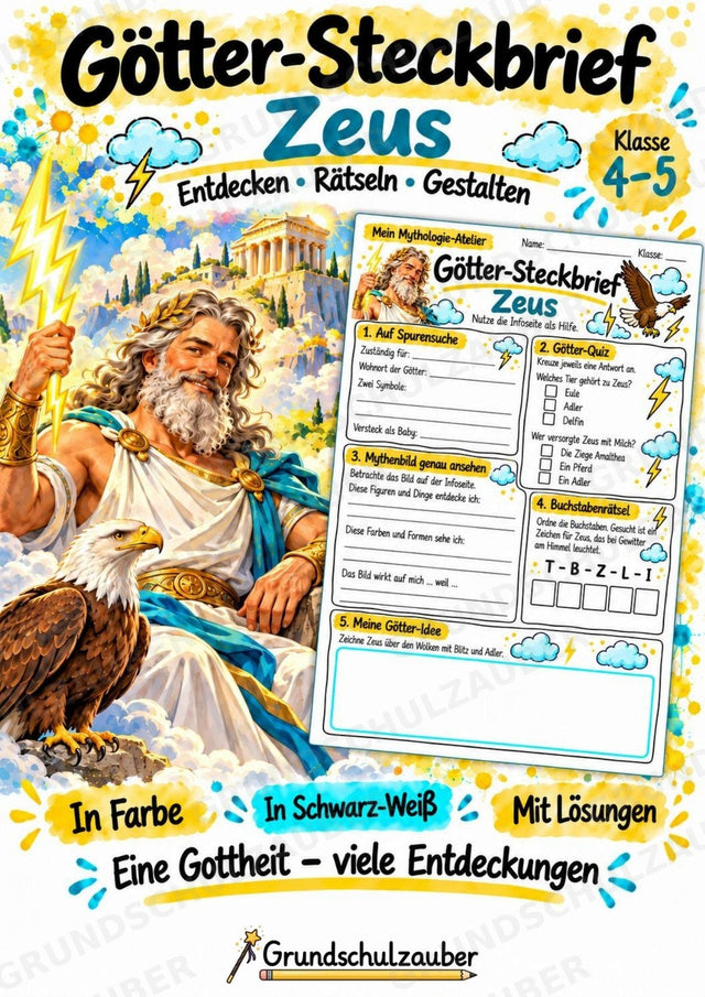 Zeus – Griechische Götter: Steckbrief & Infotext | Arbeitsblätter mit Lösungen | Klasse 4–5 – Cover