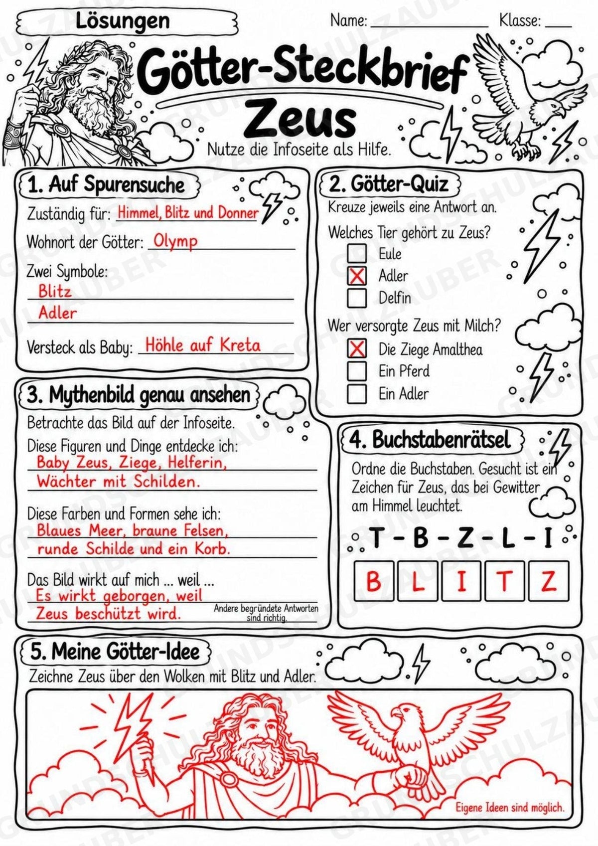 Zeus – Griechische Götter: Steckbrief & Infotext | Arbeitsblätter mit Lösungen | Klasse 4–5 – Materialseite 5