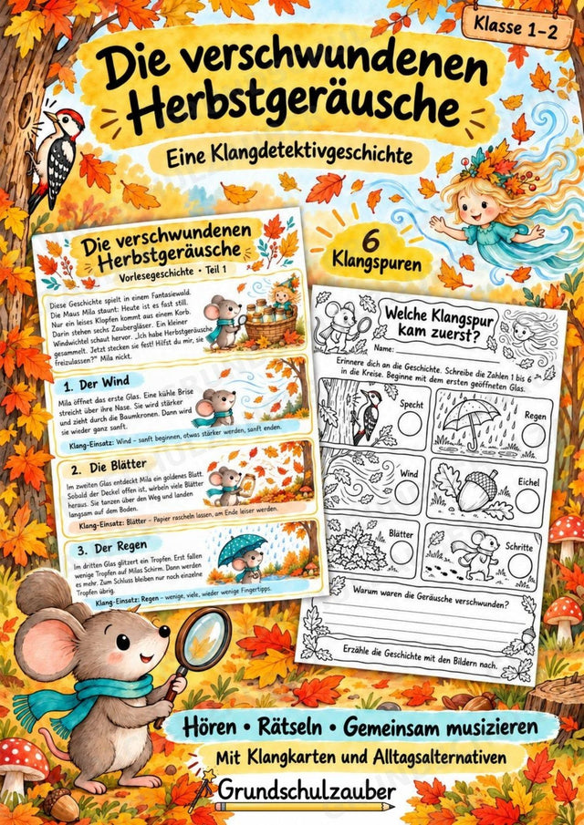 Herbst Klanggeschichte: Die verschwundenen Herbstgeräusche | Musik Klasse 1–2 | Klangkarten, Arbeitsblätter & Lösungen – Cover