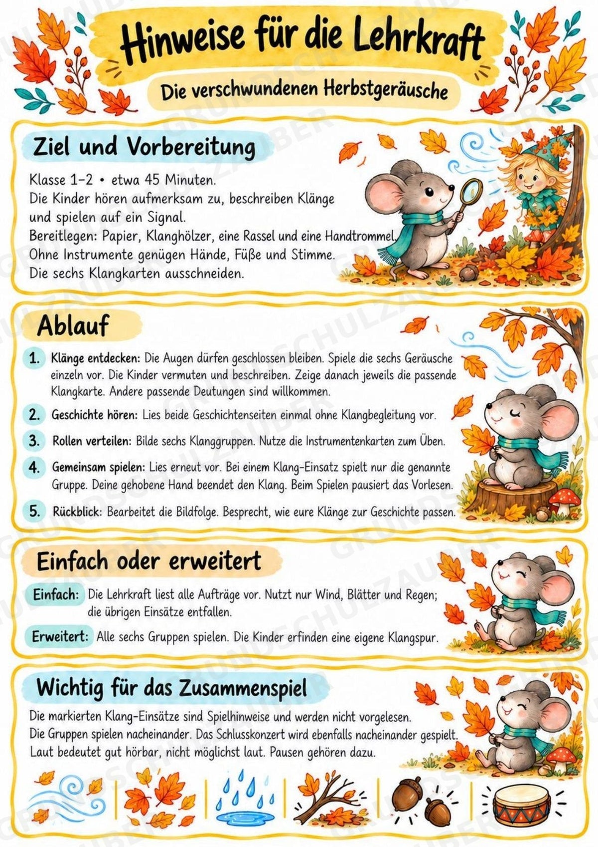 Herbst Klanggeschichte: Die verschwundenen Herbstgeräusche | Musik Klasse 1–2 | Klangkarten, Arbeitsblätter & Lösungen – Materialseite 2