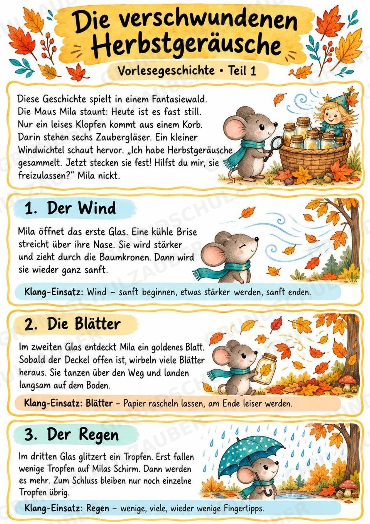 Herbst Klanggeschichte: Die verschwundenen Herbstgeräusche | Musik Klasse 1–2 | Klangkarten, Arbeitsblätter & Lösungen – Materialseite 3