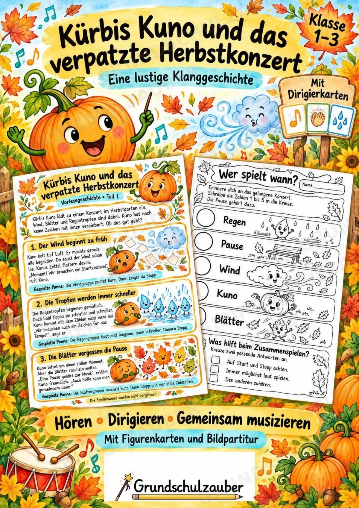 Herbst-Klanggeschichte: Kürbis Kuno und das verpatzte Herbstkonzert | Musik Klasse 1–3 | Dirigierkarten & Bildpartitur – Cover