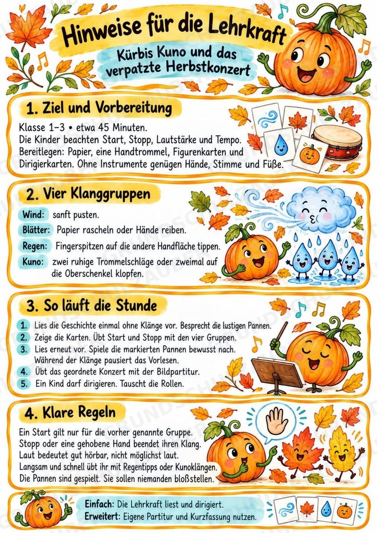Herbst-Klanggeschichte: Kürbis Kuno und das verpatzte Herbstkonzert | Musik Klasse 1–3 | Dirigierkarten & Bildpartitur – Materialseite 2