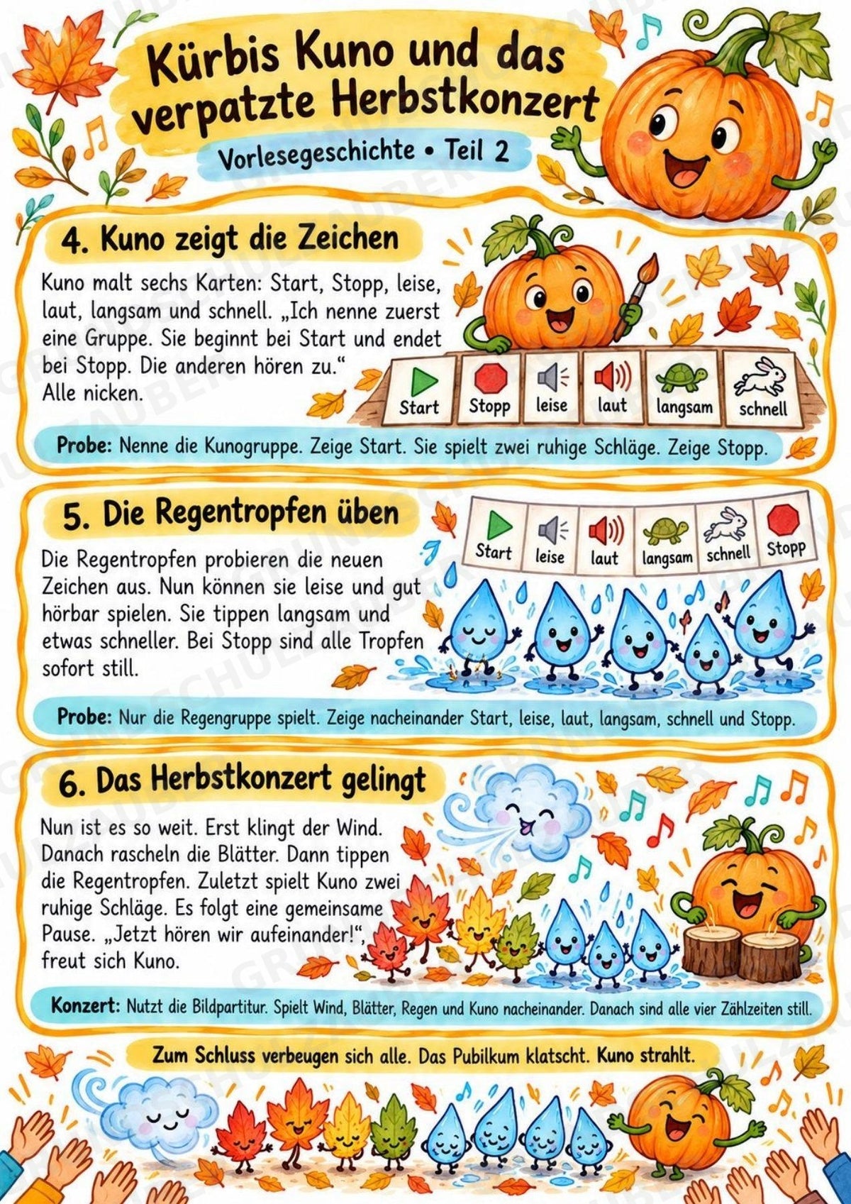 Herbst-Klanggeschichte: Kürbis Kuno und das verpatzte Herbstkonzert | Musik Klasse 1–3 | Dirigierkarten & Bildpartitur – Materialseite 4