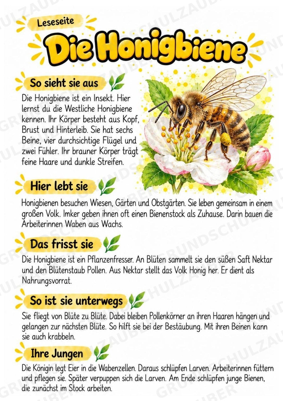 Honigbiene - Lesetext & Steckbrief | Sachunterricht Tiere Grundschule – Materialseite 2