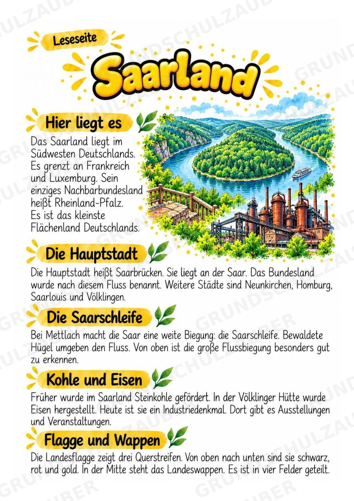 Saarland – Lesetext & Steckbrief | Bundesland Deutschland Grundschule – Materialseite 2