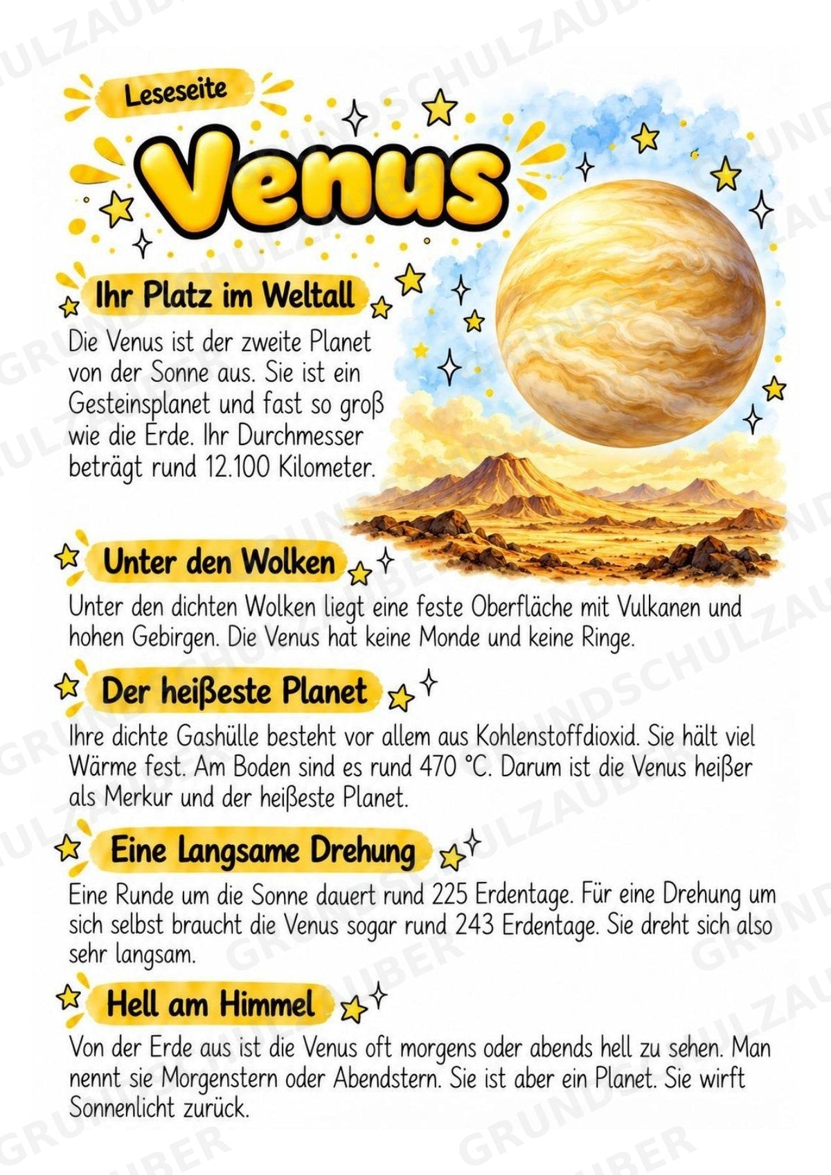 Venus – Steckbrief und Lesetext | Planeten & Sonnensystem für die Grundschule – Materialseite 2