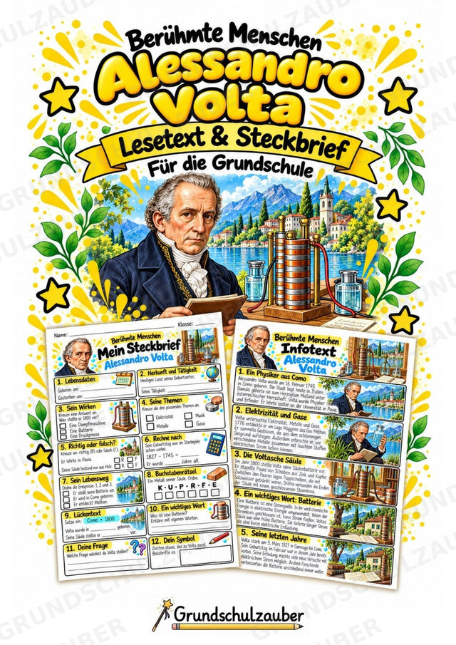 Alessandro Volta – Steckbrief & Infotext für die Grundschule | Berühmte Persönlichkeiten | Sachunterricht – Cover