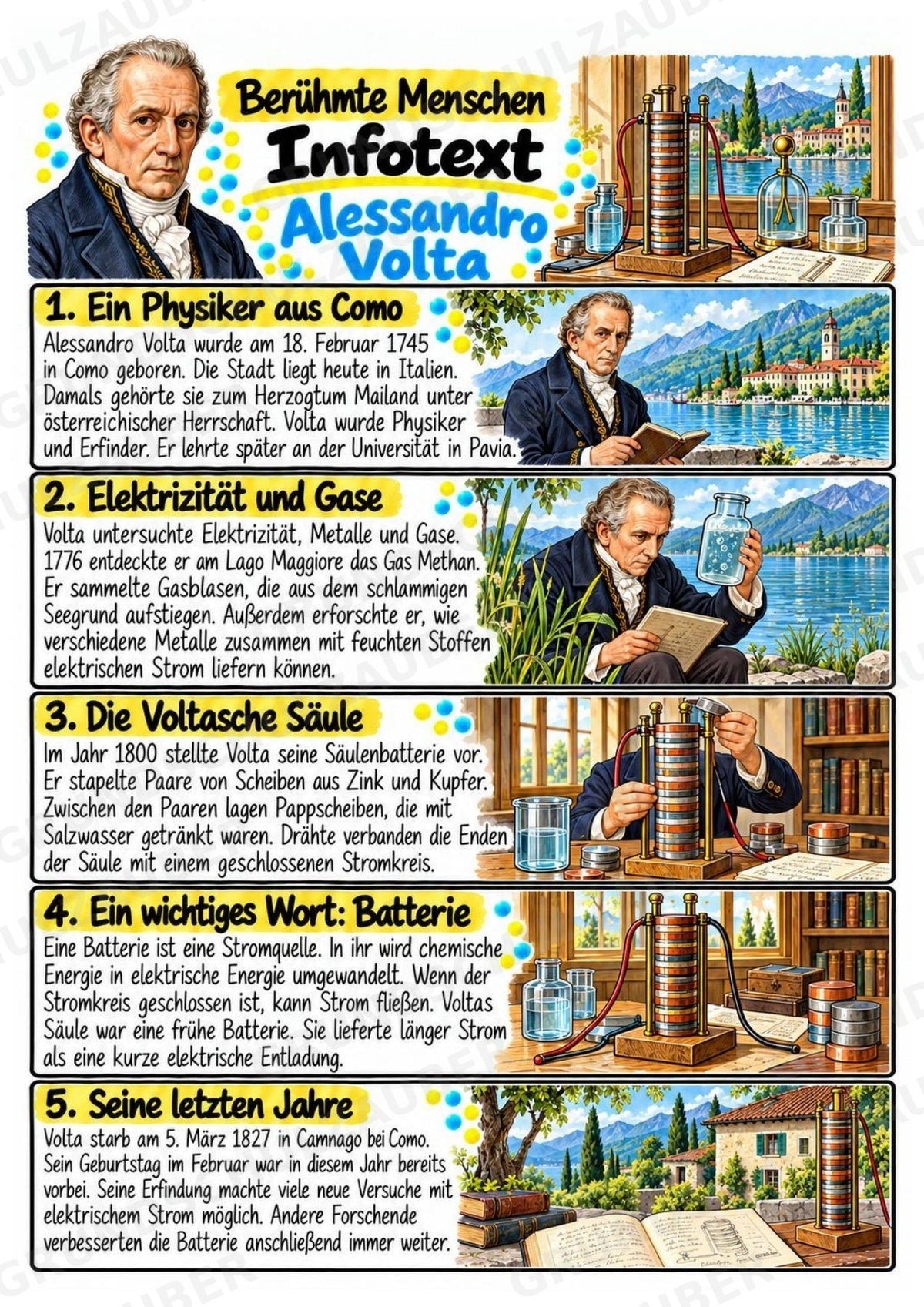 Alessandro Volta – Steckbrief & Infotext für die Grundschule | Berühmte Persönlichkeiten | Sachunterricht – Materialseite 2