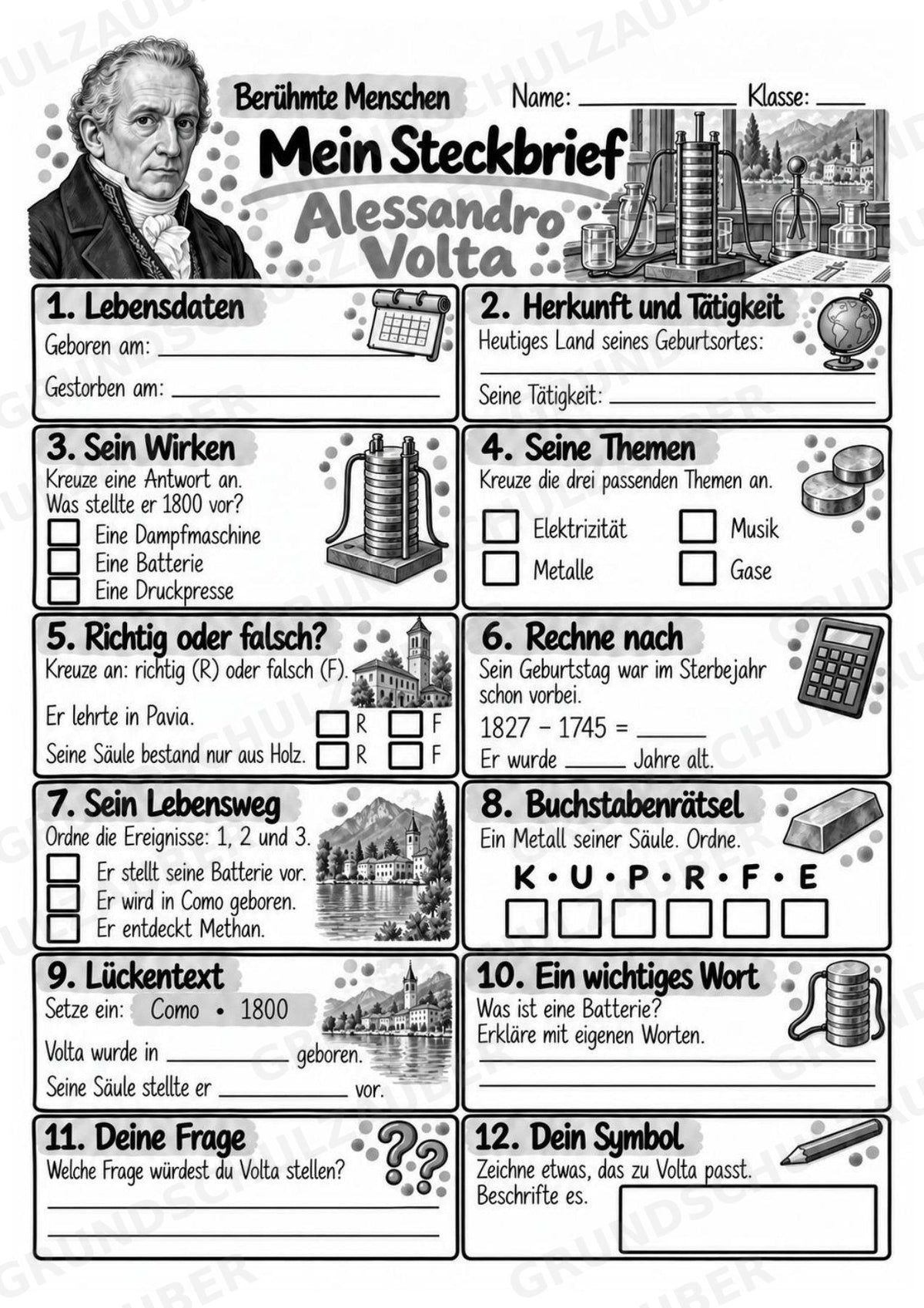 Alessandro Volta – Steckbrief & Infotext für die Grundschule | Berühmte Persönlichkeiten | Sachunterricht – Materialseite 4