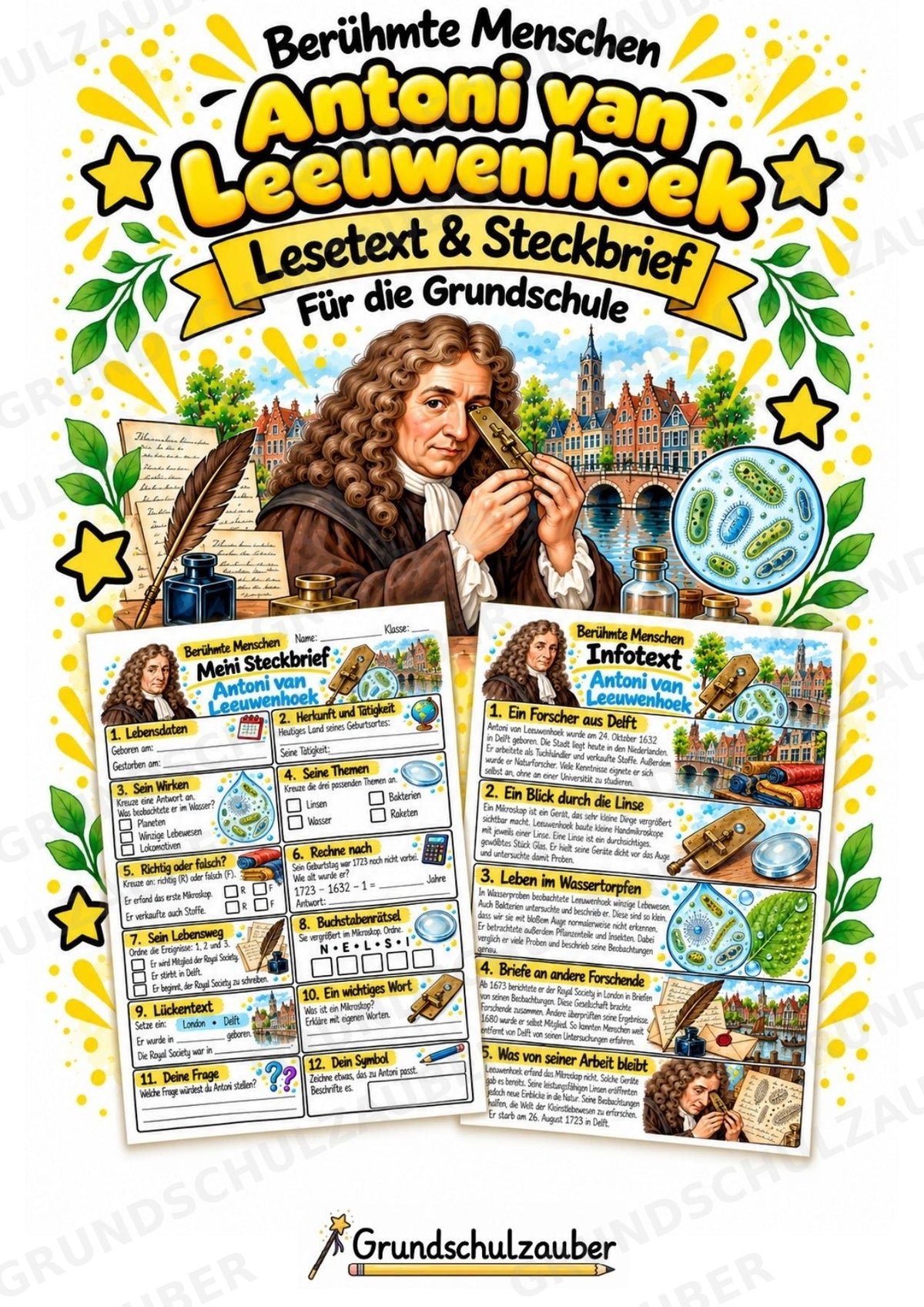 Antoni van Leeuwenhoek – Steckbrief & Infotext für die Grundschule | Berühmte Persönlichkeiten | Sachunterricht – Cover