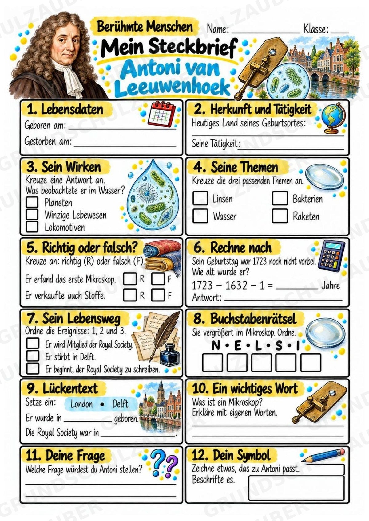 Antoni van Leeuwenhoek – Steckbrief & Infotext für die Grundschule | Berühmte Persönlichkeiten | Sachunterricht – Materialseite 3