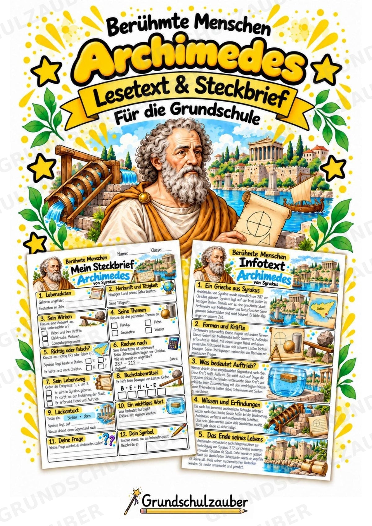 Archimedes – Steckbrief & Infotext für die Grundschule | Berühmte Persönlichkeiten | Sachunterricht – Cover